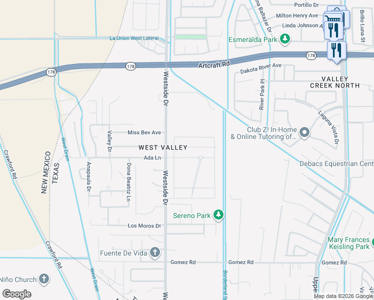 map of restaurants, bars, coffee shops, grocery stores, and more near 6045-6099 Westside Drive in El Paso