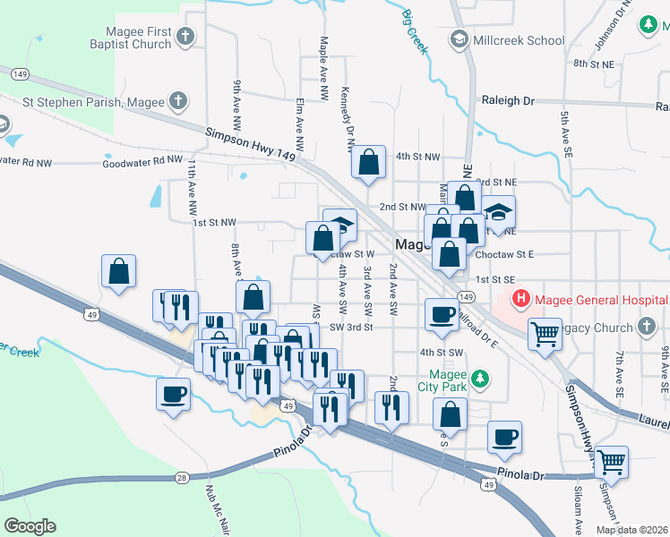 map of restaurants, bars, coffee shops, grocery stores, and more near 104 4th Avenue Northwest in Magee