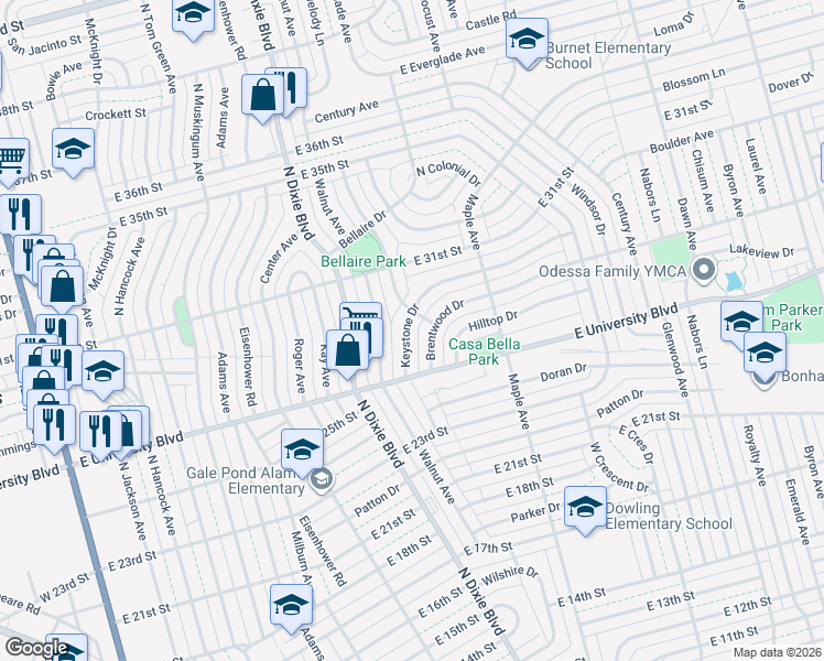 map of restaurants, bars, coffee shops, grocery stores, and more near 2729 Chestnut Avenue in Odessa