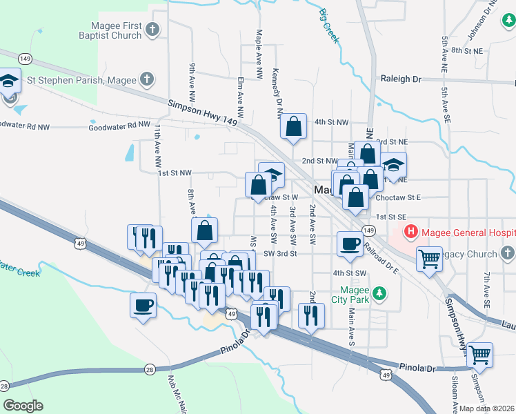 map of restaurants, bars, coffee shops, grocery stores, and more near 104 4th Avenue Northwest in Magee