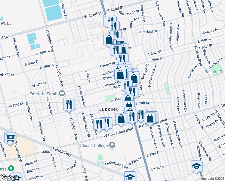 map of restaurants, bars, coffee shops, grocery stores, and more near 201-223 Lotteman Drive in Odessa