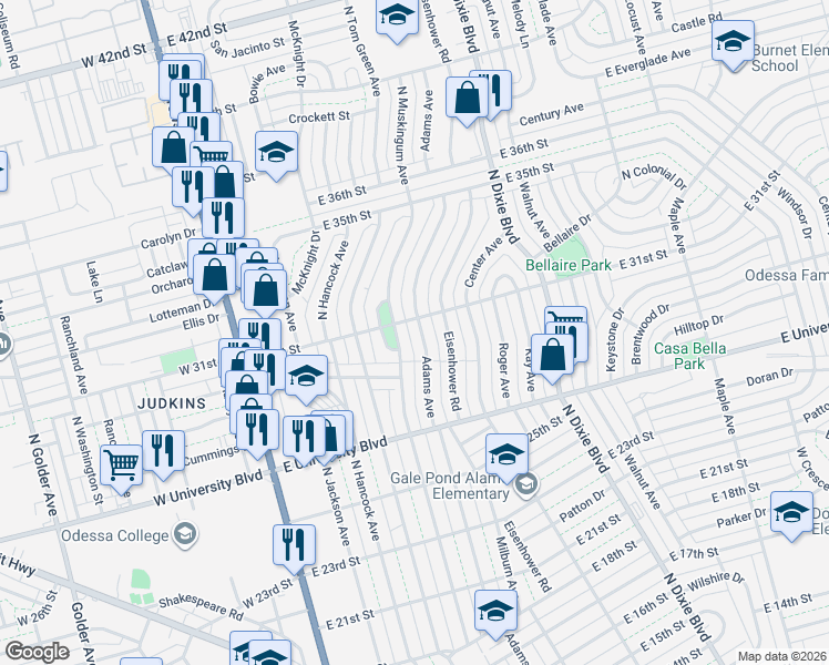 map of restaurants, bars, coffee shops, grocery stores, and more near 3101 Adams Ave in Odessa