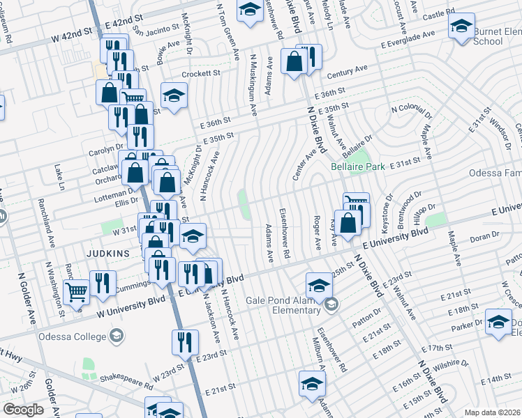 map of restaurants, bars, coffee shops, grocery stores, and more near 3101 Adams Ave in Odessa