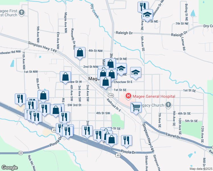 map of restaurants, bars, coffee shops, grocery stores, and more near in Magee