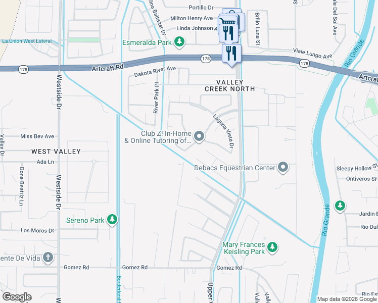 map of restaurants, bars, coffee shops, grocery stores, and more near 525 Via De Los Arboles in El Paso