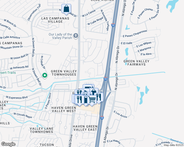 map of restaurants, bars, coffee shops, grocery stores, and more near 160 North La Cañada Drive in Green Valley