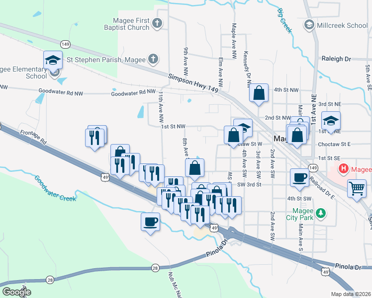 map of restaurants, bars, coffee shops, grocery stores, and more near 8th Avenue Southwest in Magee