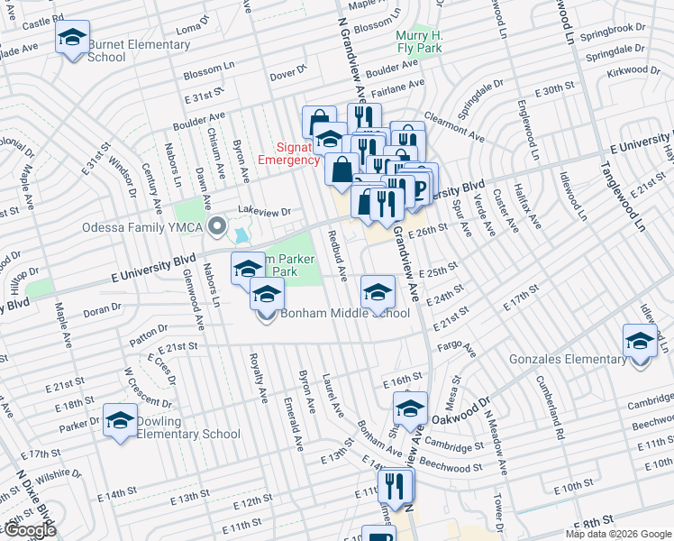 map of restaurants, bars, coffee shops, grocery stores, and more near 2504 Redbud Avenue in Odessa