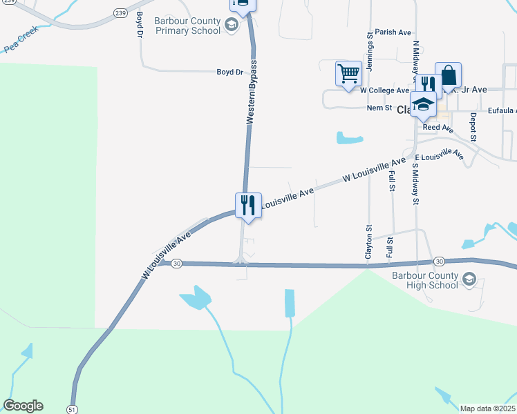 map of restaurants, bars, coffee shops, grocery stores, and more near West Louisville Avenue in Clayton