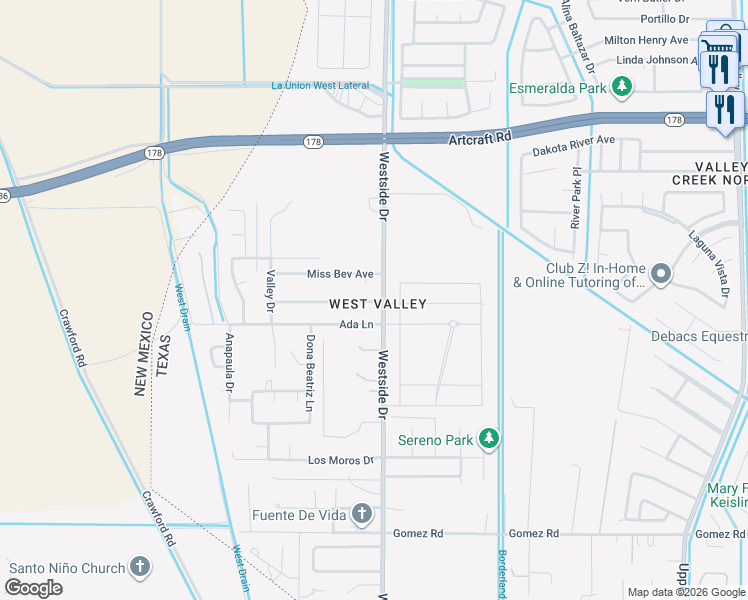 map of restaurants, bars, coffee shops, grocery stores, and more near 6045 Westside Drive in El Paso