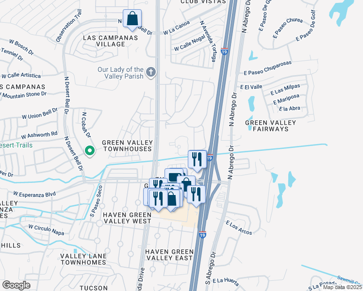 map of restaurants, bars, coffee shops, grocery stores, and more near 160 North La Cañada Drive in Green Valley