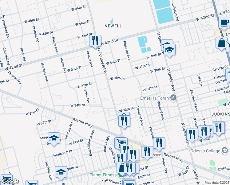 map of restaurants, bars, coffee shops, grocery stores, and more near 3500 North County Road West in Odessa