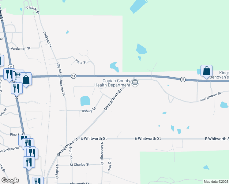 map of restaurants, bars, coffee shops, grocery stores, and more near 401-499 Georgetown St in Hazlehurst