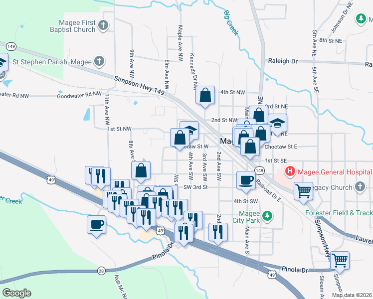 map of restaurants, bars, coffee shops, grocery stores, and more near 104 4th Avenue Northwest in Magee