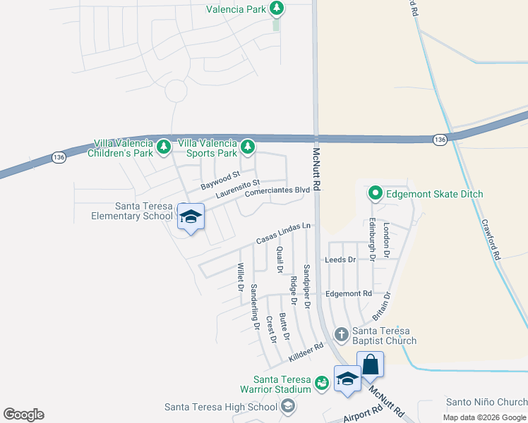 map of restaurants, bars, coffee shops, grocery stores, and more near 105 Comerciantes Boulevard in Santa Teresa