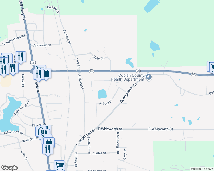 map of restaurants, bars, coffee shops, grocery stores, and more near 256 Pinehurst Circle in Hazlehurst