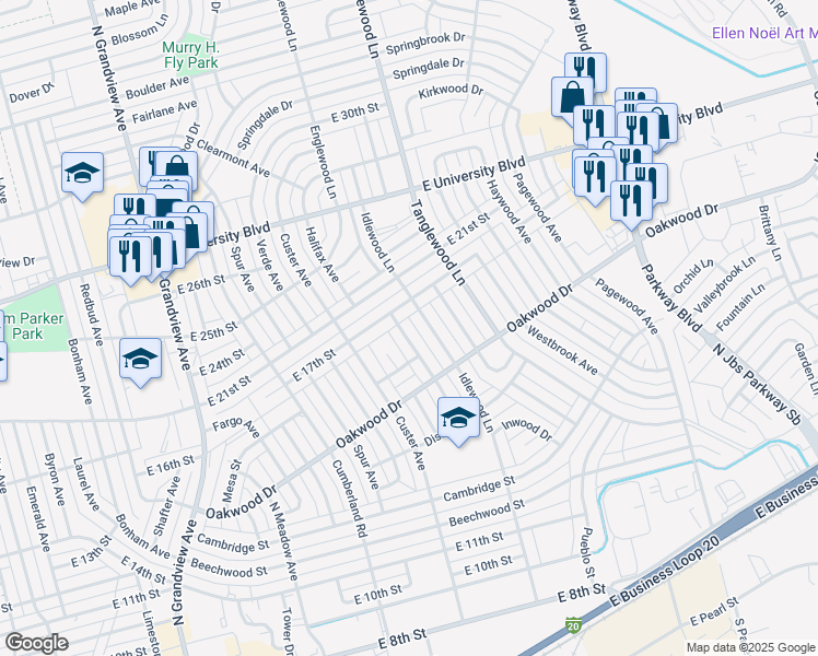 map of restaurants, bars, coffee shops, grocery stores, and more near 1624 Englewood Lane in Odessa