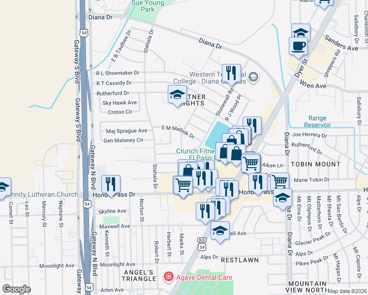 map of restaurants, bars, coffee shops, grocery stores, and more near 9180 Omar Bradley Drive in El Paso