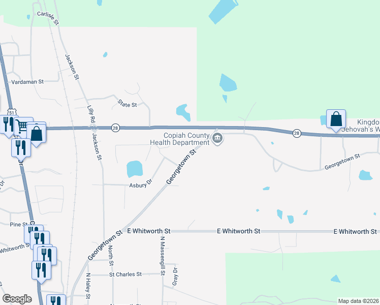 map of restaurants, bars, coffee shops, grocery stores, and more near 499 Georgetown Street in Hazlehurst