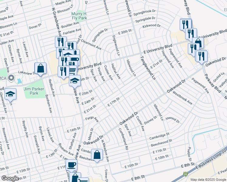 map of restaurants, bars, coffee shops, grocery stores, and more near 2617 East 21st Street in Odessa