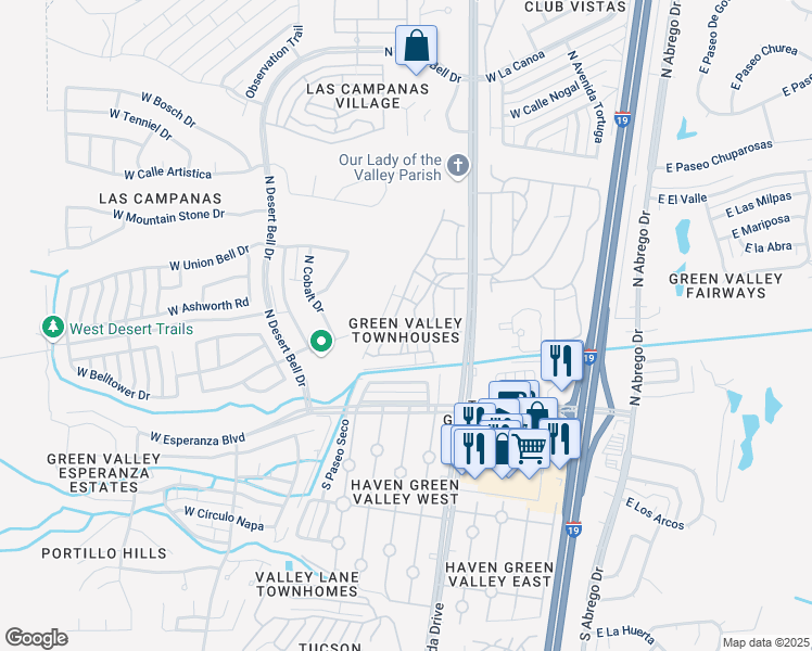 map of restaurants, bars, coffee shops, grocery stores, and more near 431 West Círculo Del Paladin in Green Valley