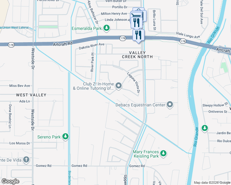 map of restaurants, bars, coffee shops, grocery stores, and more near 533 Via De Los Arboles in El Paso