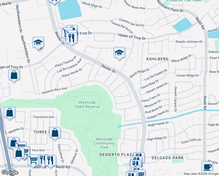 map of restaurants, bars, coffee shops, grocery stores, and more near 7752 Nardo Goodman Drive in El Paso