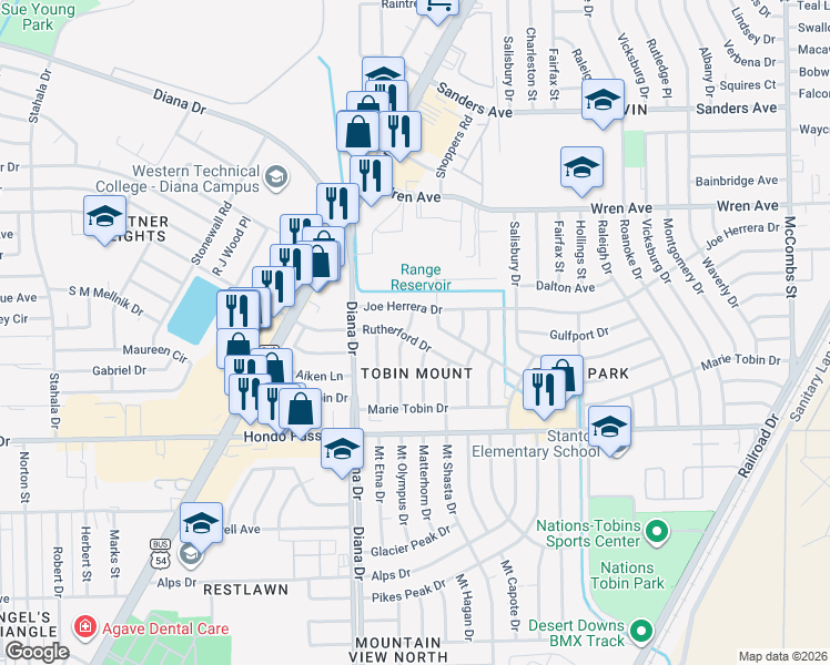 map of restaurants, bars, coffee shops, grocery stores, and more near 9204 Mount Olympus Drive in El Paso