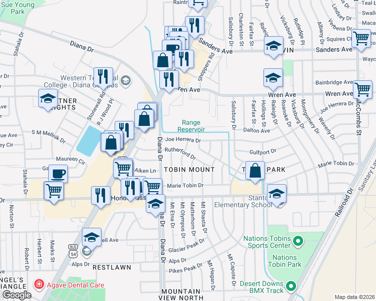 map of restaurants, bars, coffee shops, grocery stores, and more near 9204 Mount Olympus Drive in El Paso