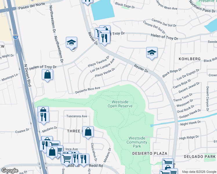 map of restaurants, bars, coffee shops, grocery stores, and more near 1484 Desierto Rico Avenue in El Paso
