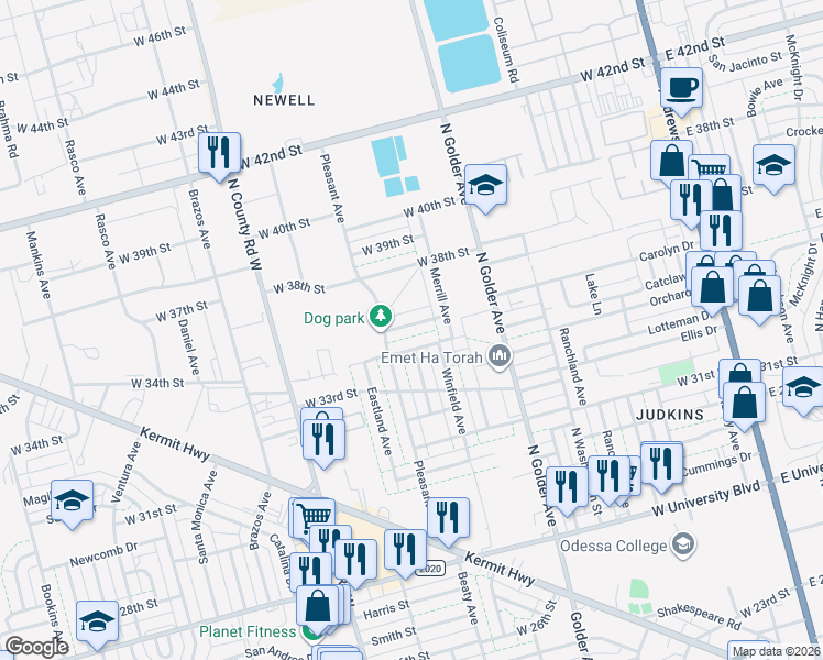 map of restaurants, bars, coffee shops, grocery stores, and more near 913 West 36th Street in Odessa