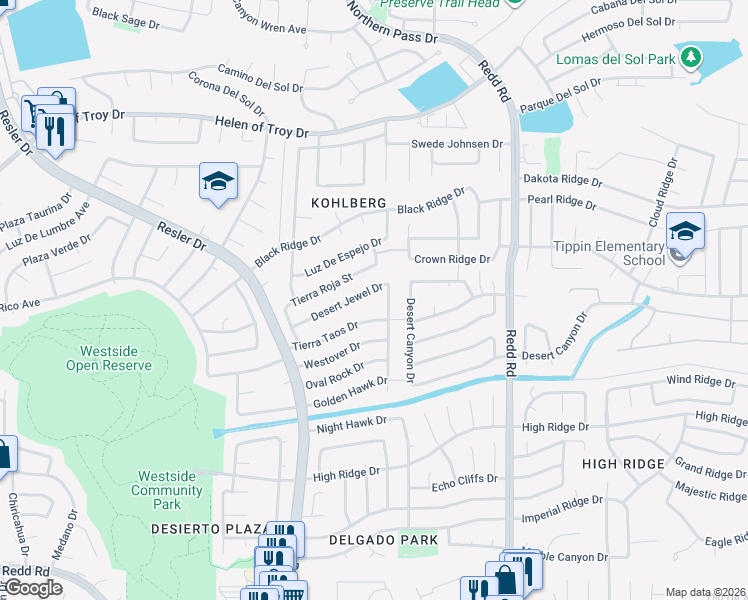 map of restaurants, bars, coffee shops, grocery stores, and more near 7106 Desert Jewel Drive in El Paso