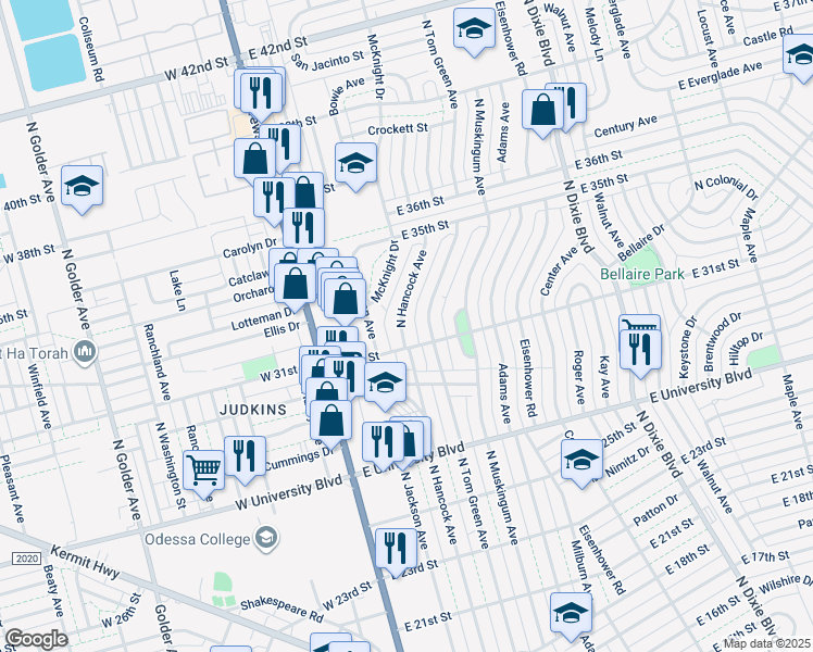 map of restaurants, bars, coffee shops, grocery stores, and more near 3106 North Hancock Avenue in Odessa