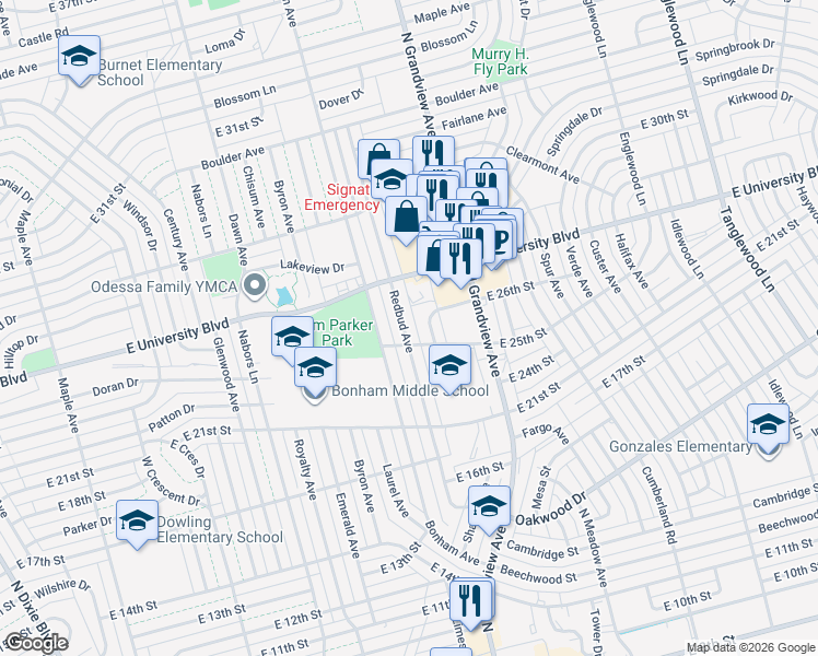 map of restaurants, bars, coffee shops, grocery stores, and more near 2504 Redbud Avenue in Odessa