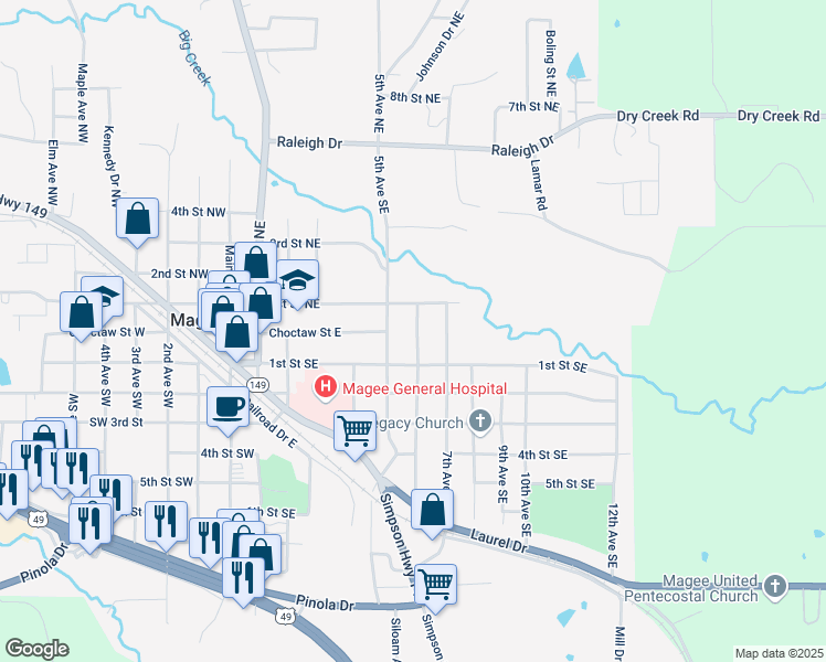 map of restaurants, bars, coffee shops, grocery stores, and more near 102 6th Avenue Southeast in Magee