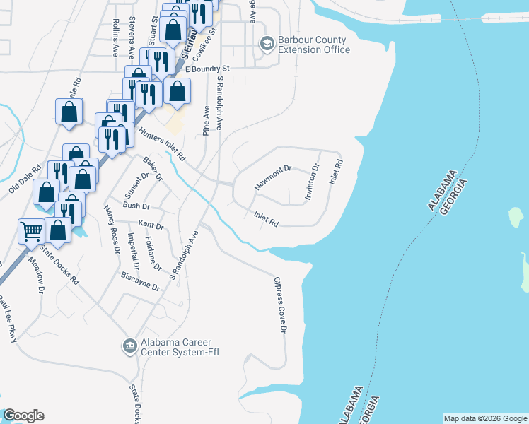 map of restaurants, bars, coffee shops, grocery stores, and more near 409 Inlet Road in Eufaula