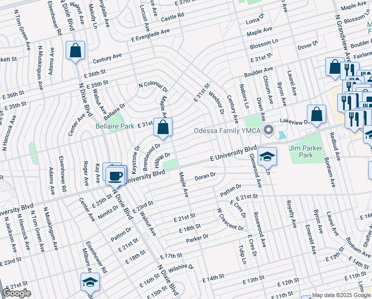 map of restaurants, bars, coffee shops, grocery stores, and more near 2810 Hilltop Drive in Odessa