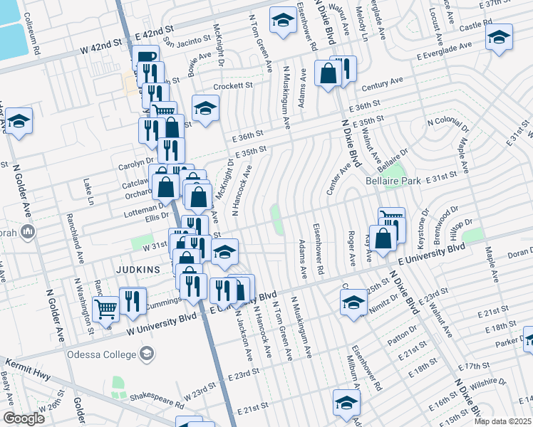 map of restaurants, bars, coffee shops, grocery stores, and more near 3105 Muskingum Avenue in Odessa
