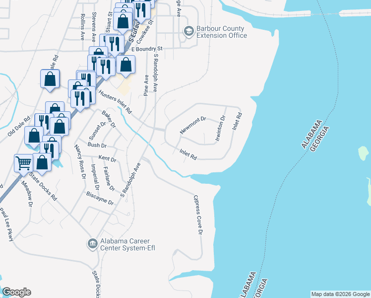 map of restaurants, bars, coffee shops, grocery stores, and more near 409 Inlet Road in Eufaula