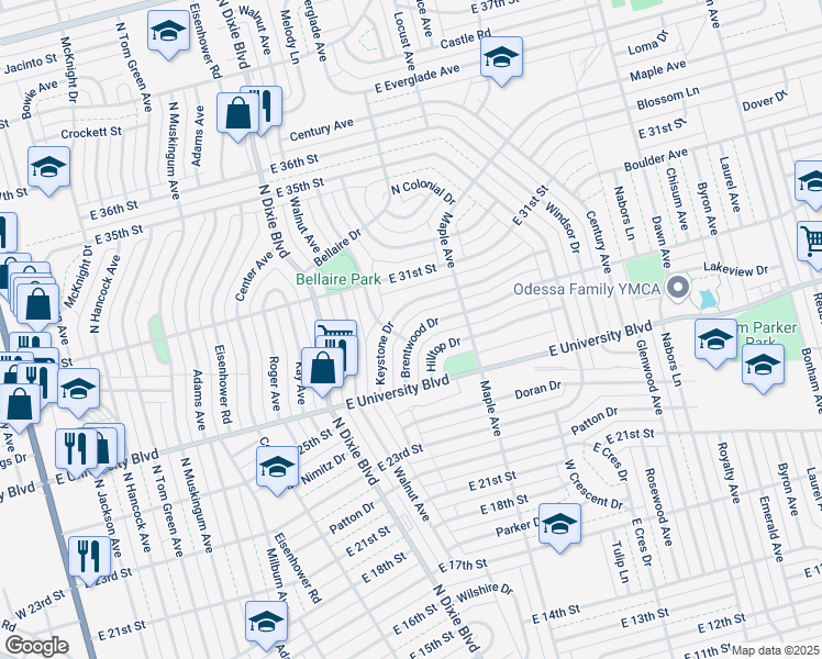 map of restaurants, bars, coffee shops, grocery stores, and more near 2737 Brentwood Drive in Odessa