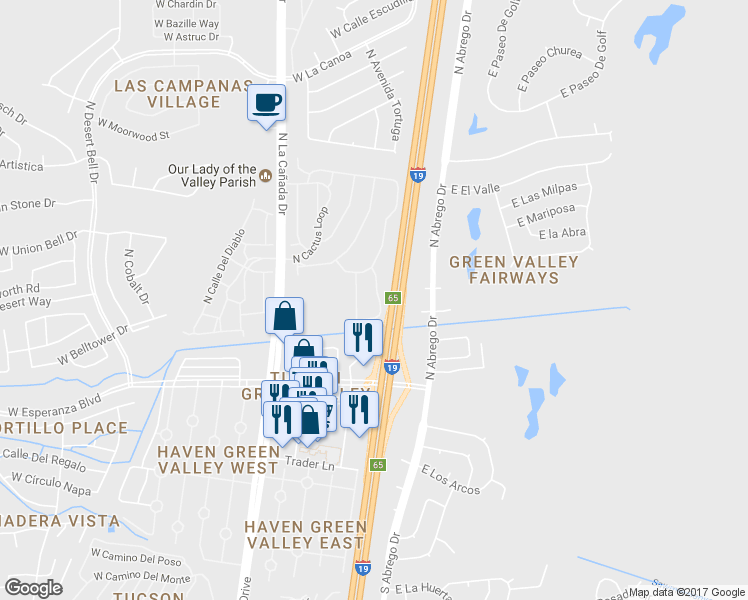 map of restaurants, bars, coffee shops, grocery stores, and more near 211 North Calle Del Lago in Green Valley