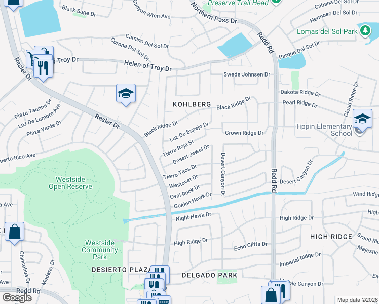 map of restaurants, bars, coffee shops, grocery stores, and more near 7135 Desert Jewel Drive in El Paso