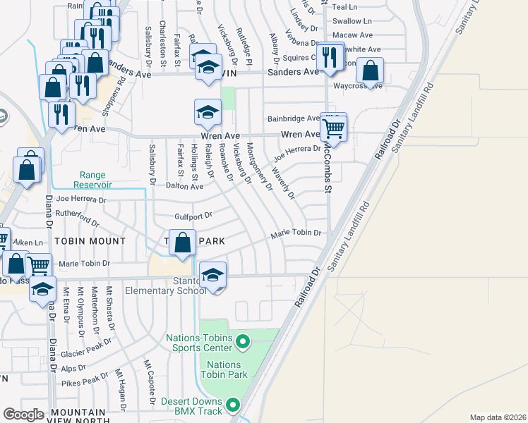 map of restaurants, bars, coffee shops, grocery stores, and more near 9215 Vicksburg Drive in El Paso