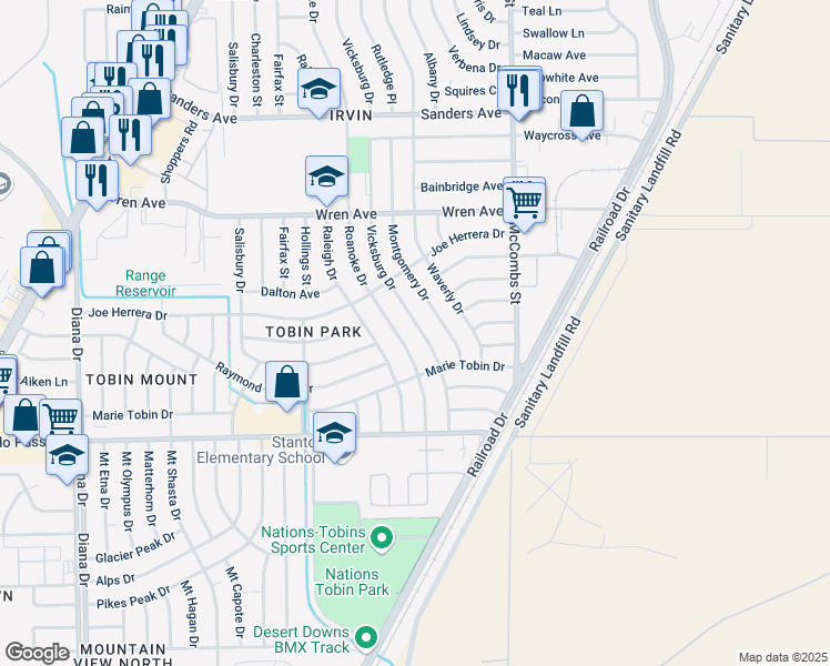 map of restaurants, bars, coffee shops, grocery stores, and more near 9215 Vicksburg Dr in El Paso