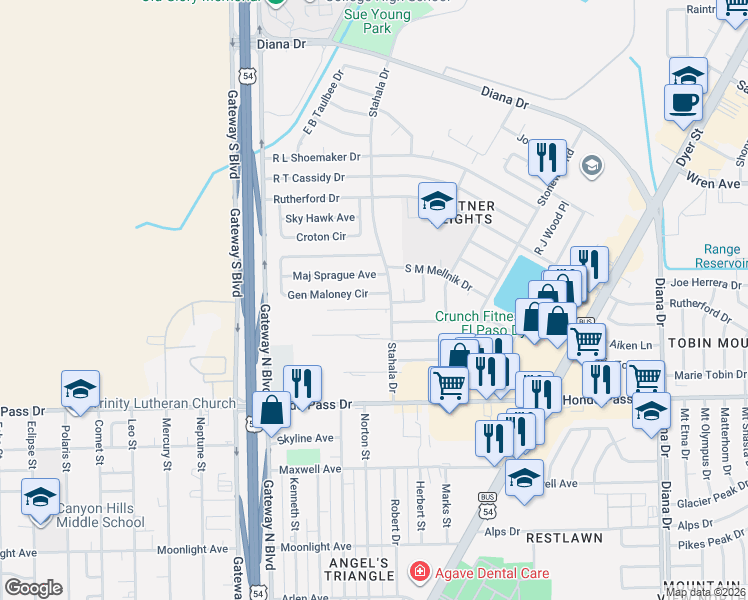 map of restaurants, bars, coffee shops, grocery stores, and more near 4592 General Delivery in El Paso