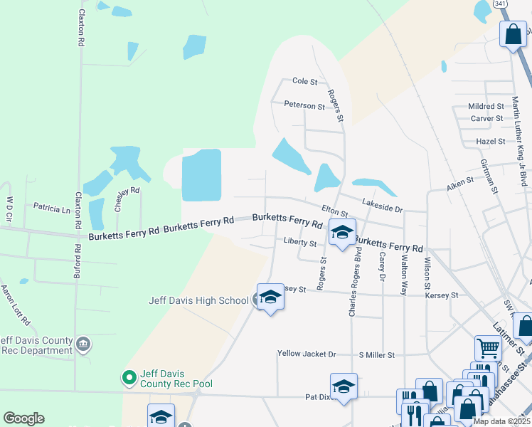 map of restaurants, bars, coffee shops, grocery stores, and more near 124 Burketts Ferry Road in Hazlehurst