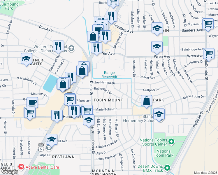 map of restaurants, bars, coffee shops, grocery stores, and more near 9204 Mount Olympus Drive in El Paso