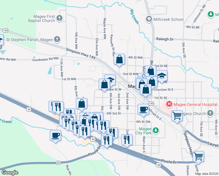 map of restaurants, bars, coffee shops, grocery stores, and more near 104 4th Avenue Northwest in Magee