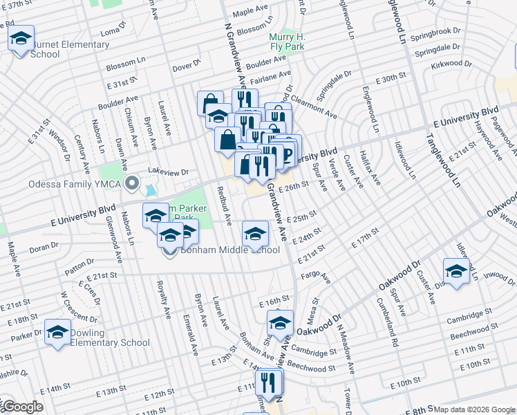 map of restaurants, bars, coffee shops, grocery stores, and more near 2504 Roper Street in Odessa