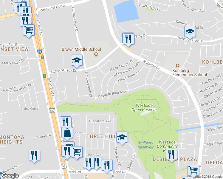 map of restaurants, bars, coffee shops, grocery stores, and more near 1565 Plaza Verde Drive in El Paso